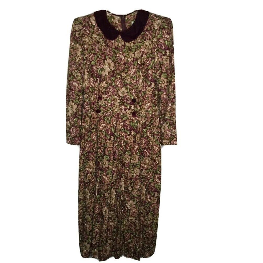 Miss Dorby Modest Velvet Collar 80s Dress Boho Cottage Core Prairie Floral MIDI
